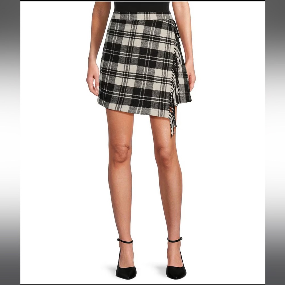 Georgie Woven Brushed Plaid Fringe High Rise Wrap Front Mini A-Line Skirt
